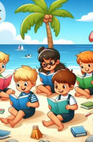 Un gruppo di alunni che leggono dei libri in spiaggia