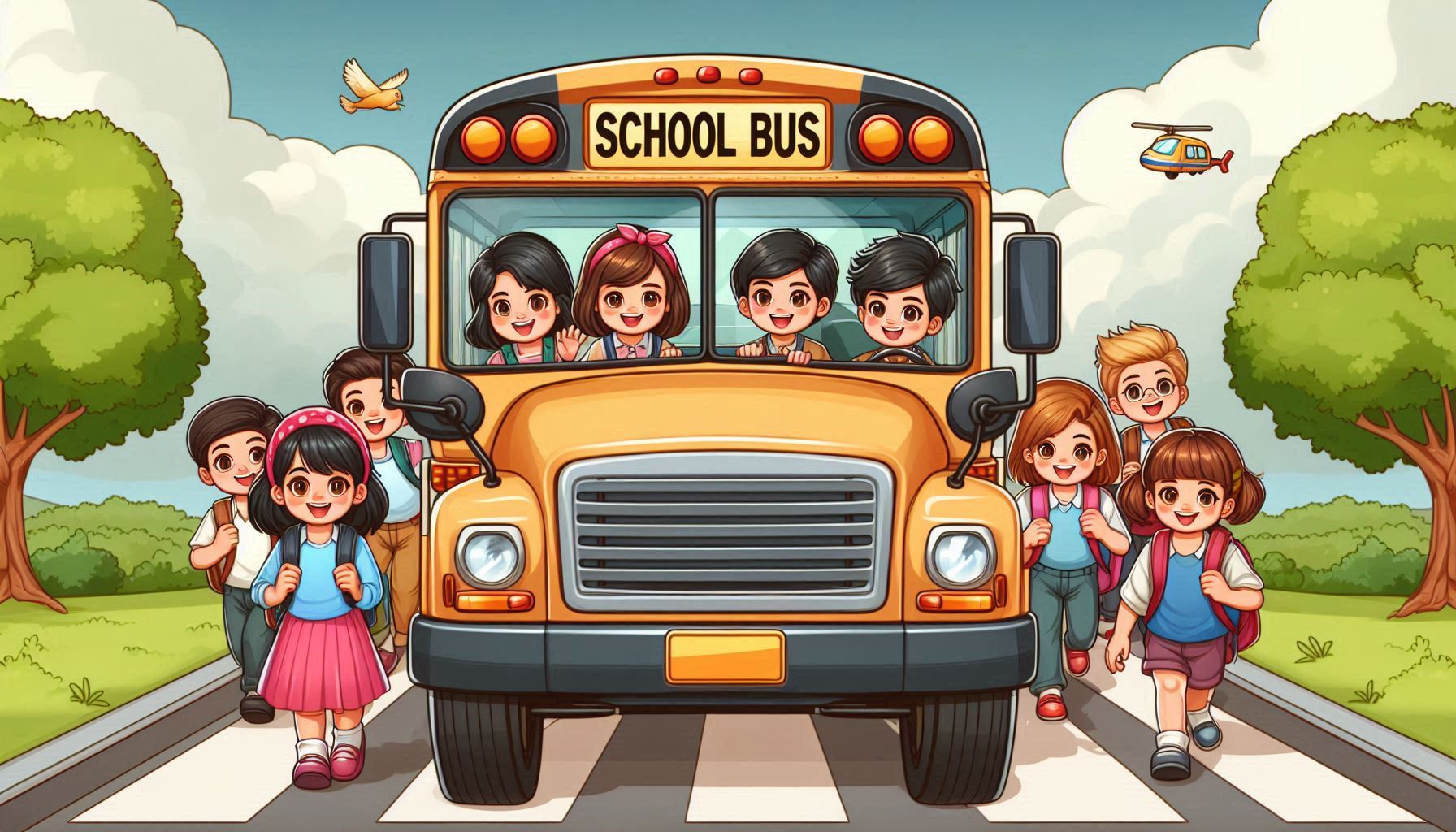 Immagine di un gruppo di bambini che prendono lo scuolabus