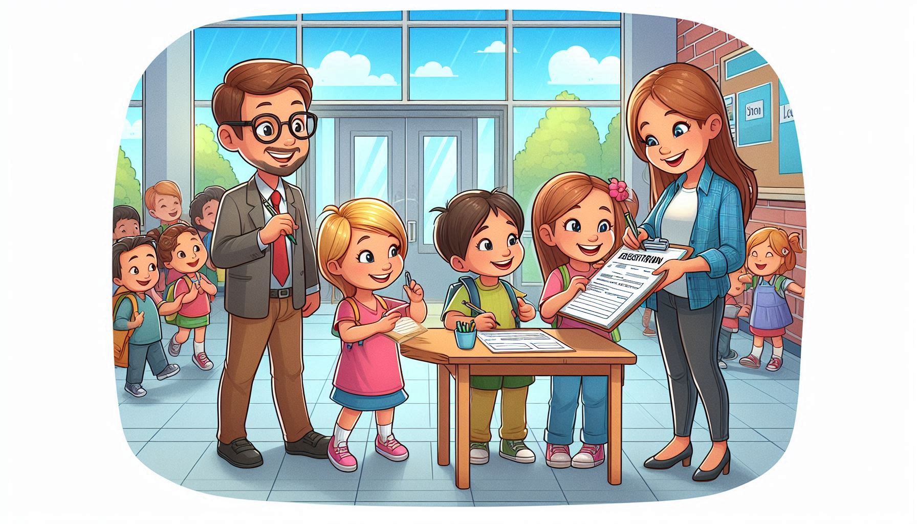 Immagine di una famiglia che effettua l'iscrizione a scuola